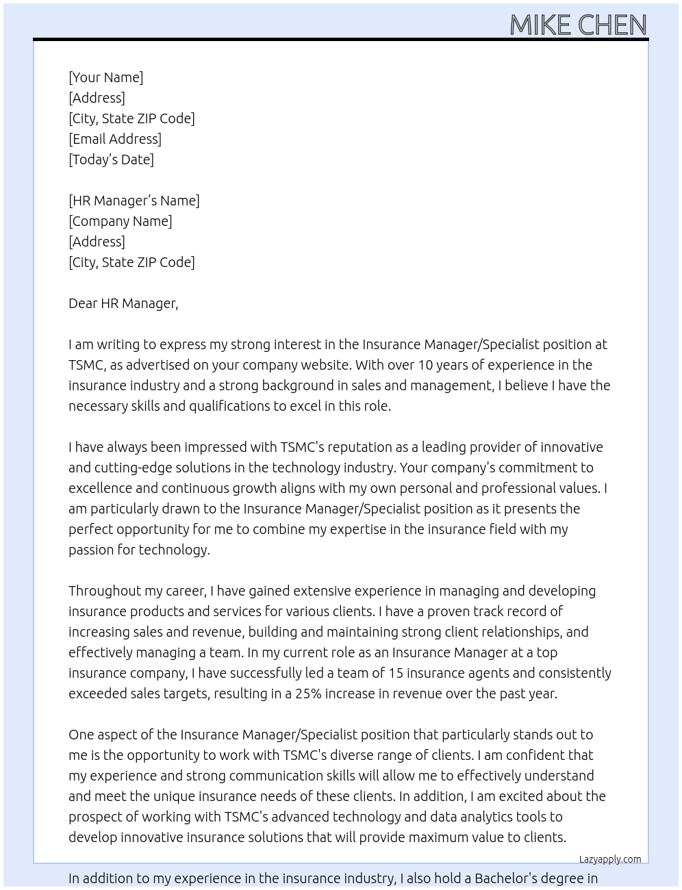 Cover letter for insurance manager/specialist - LazyApply