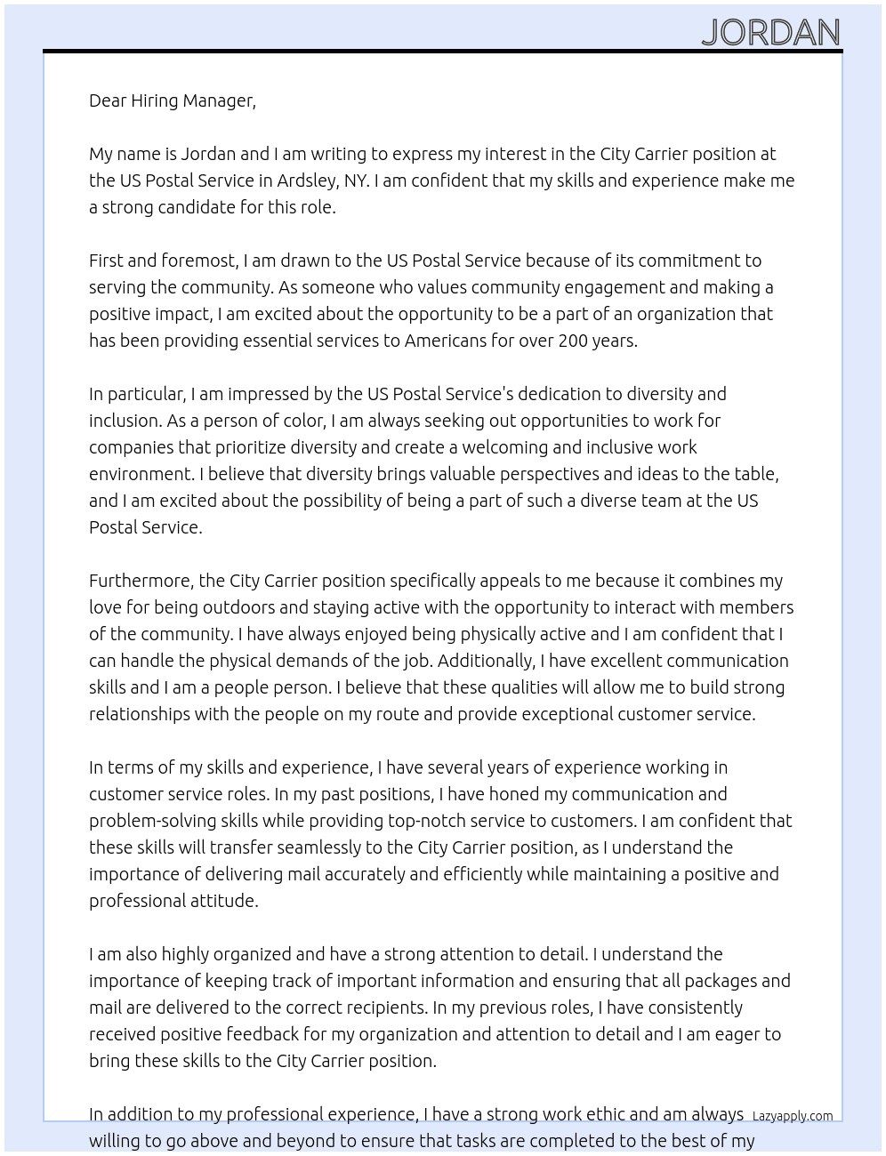 city carrier At US Postal Service Cover Letter