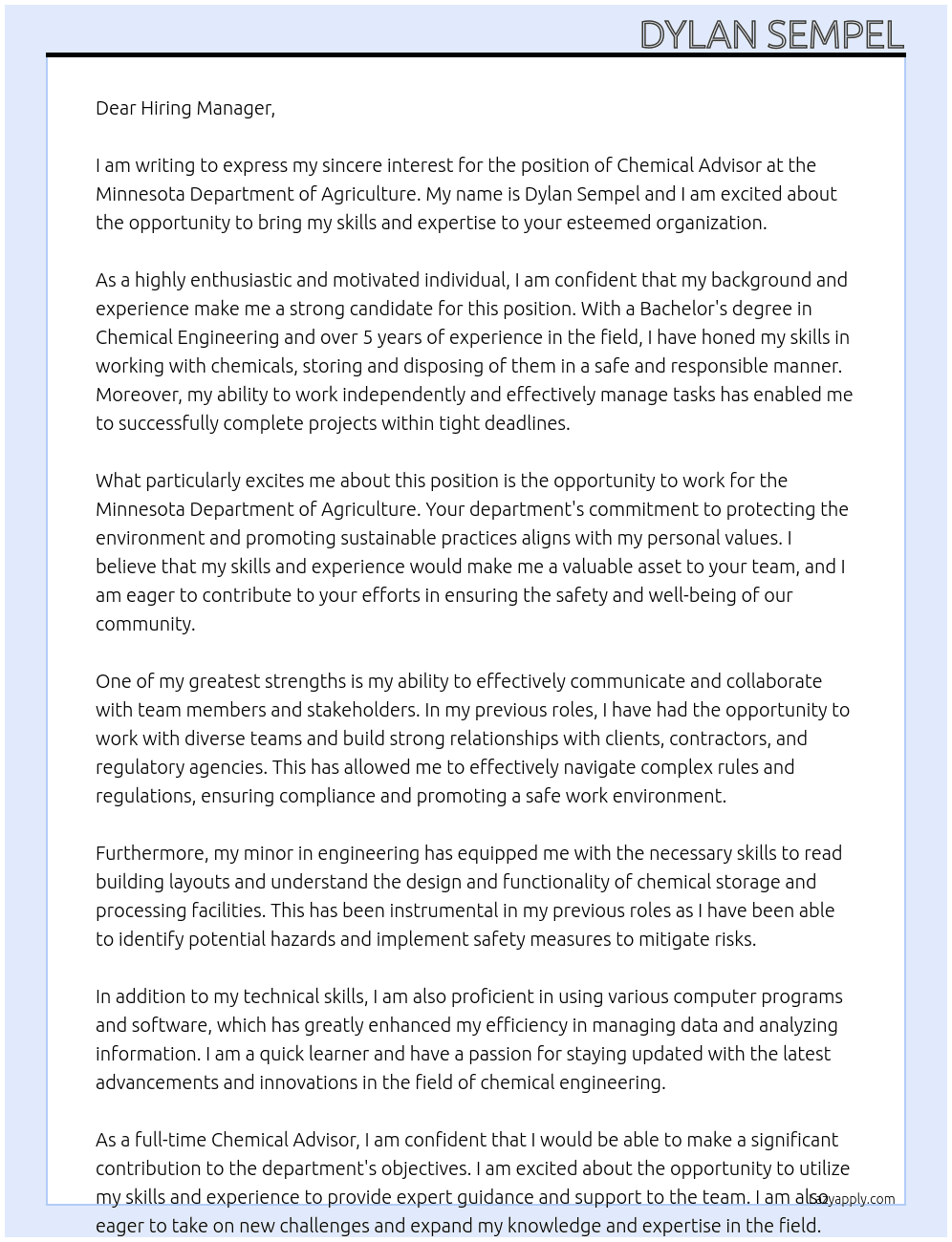 Chemical Advisor  At Minnesota Department of Agriculture  Cover Letter