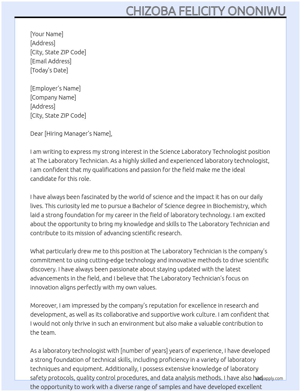 Science Laboratory Technologist At The laboratory technician  Cover Letter
