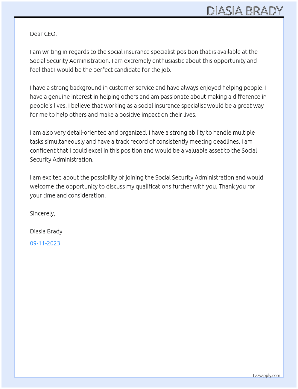 Social insurance specialist At Social Security administration Cover Letter
