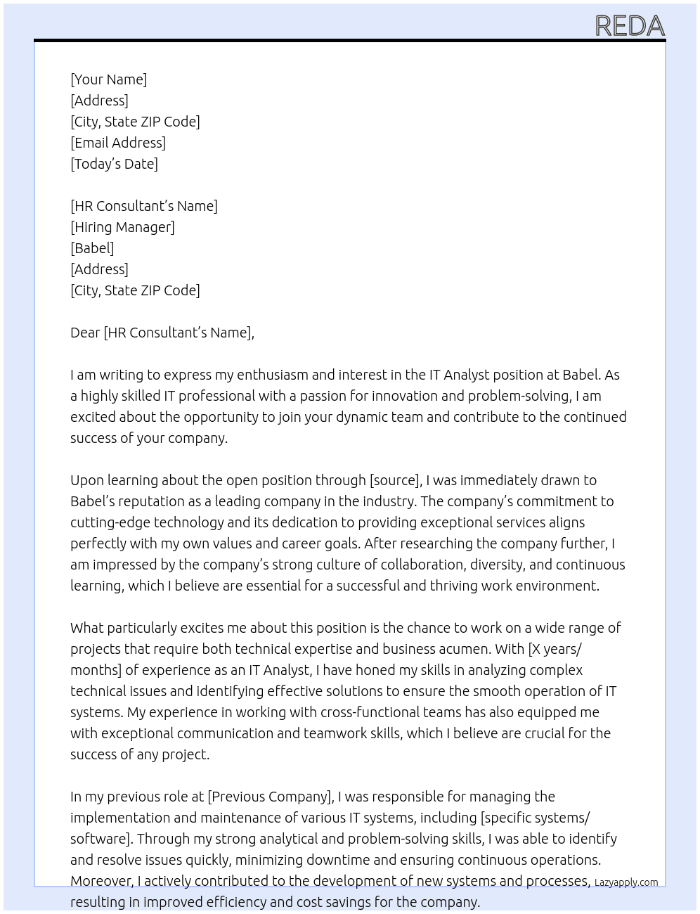 IT ANALYST At Babel Cover Letter