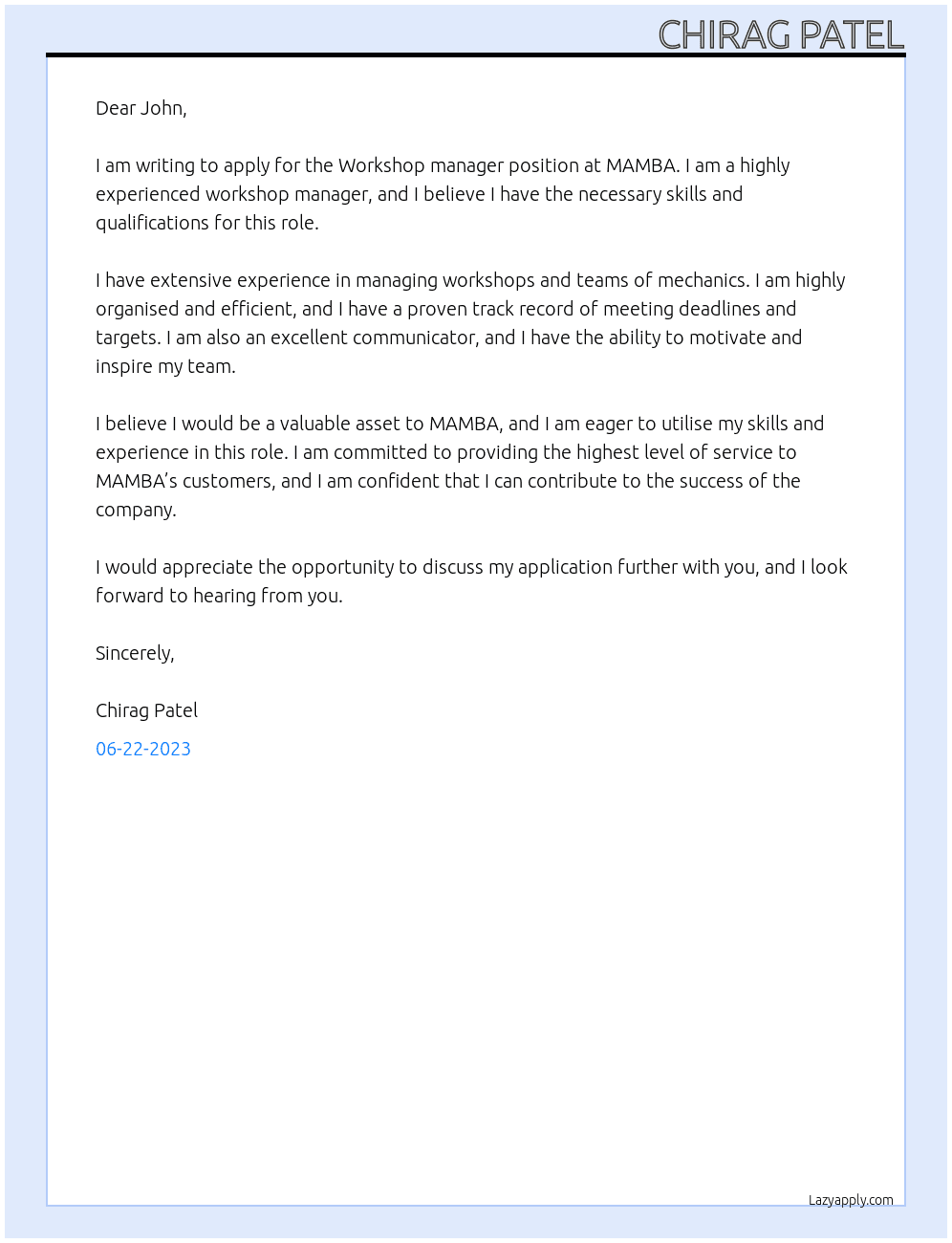 Workshop manager  At MAMBA Cover Letter
