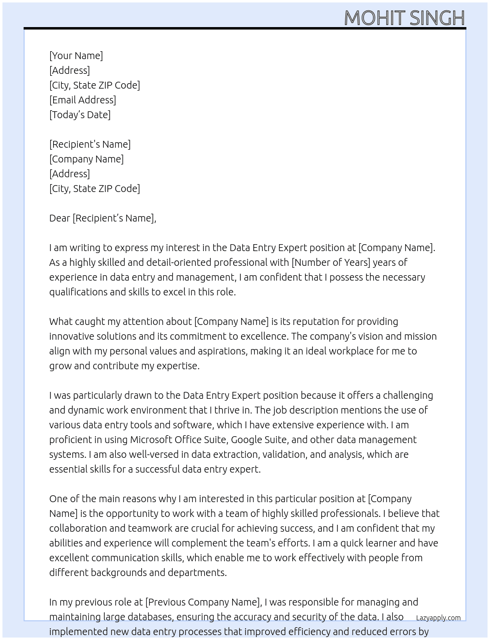 Data entry expert  At None Cover Letter