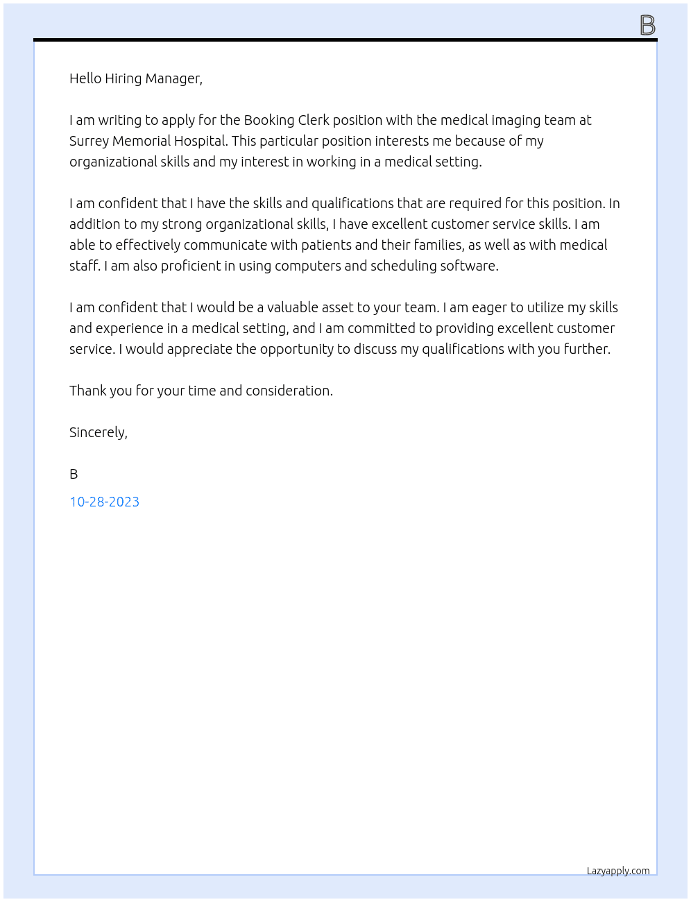 Booking Clerk At Medical imaging team at Surrey Memorial Hospital Cover Letter