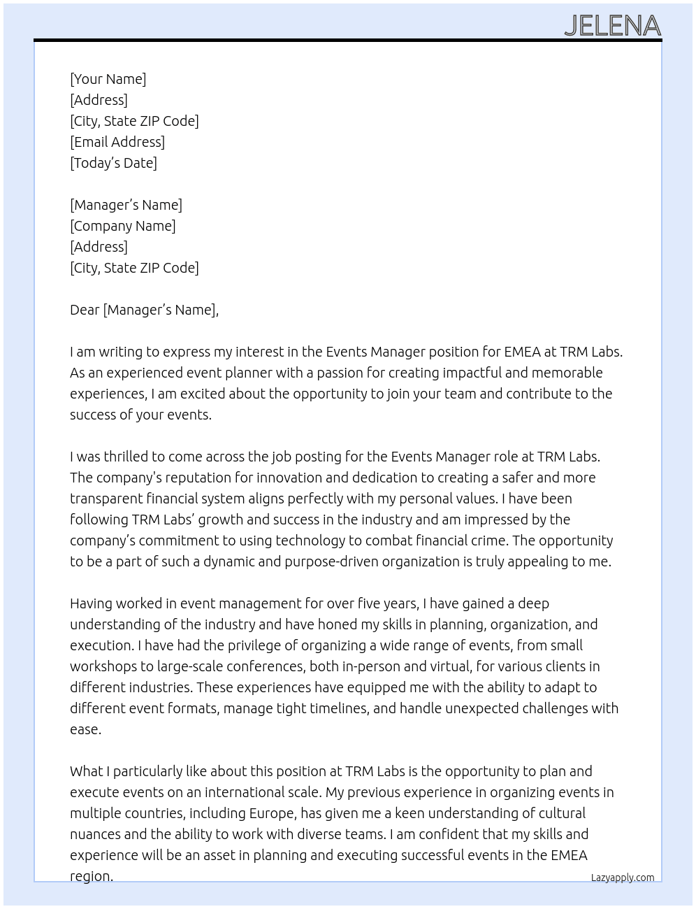 Events Manager - EMEA At TRM Labs Cover Letter