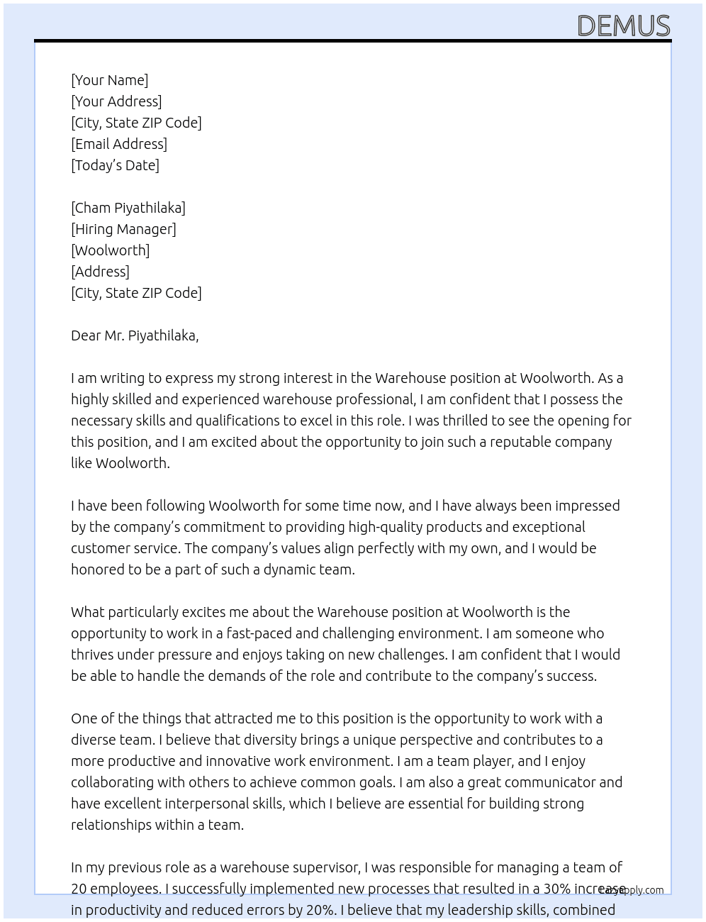 warehouse  At Woolworth  Cover Letter