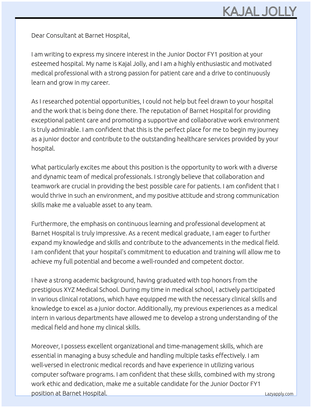 junior doctor FY1 At barnet hospital Cover Letter