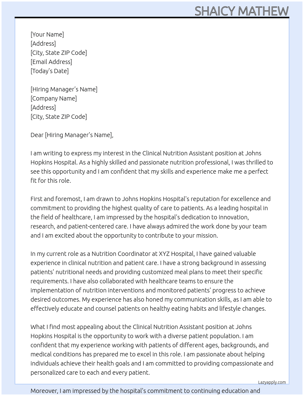 clinical nutrition assistant At johns hopkins hospital Cover Letter