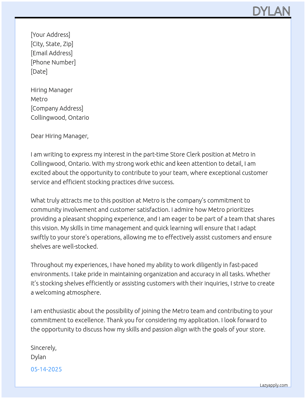 Store clerk At Metro Cover Letter