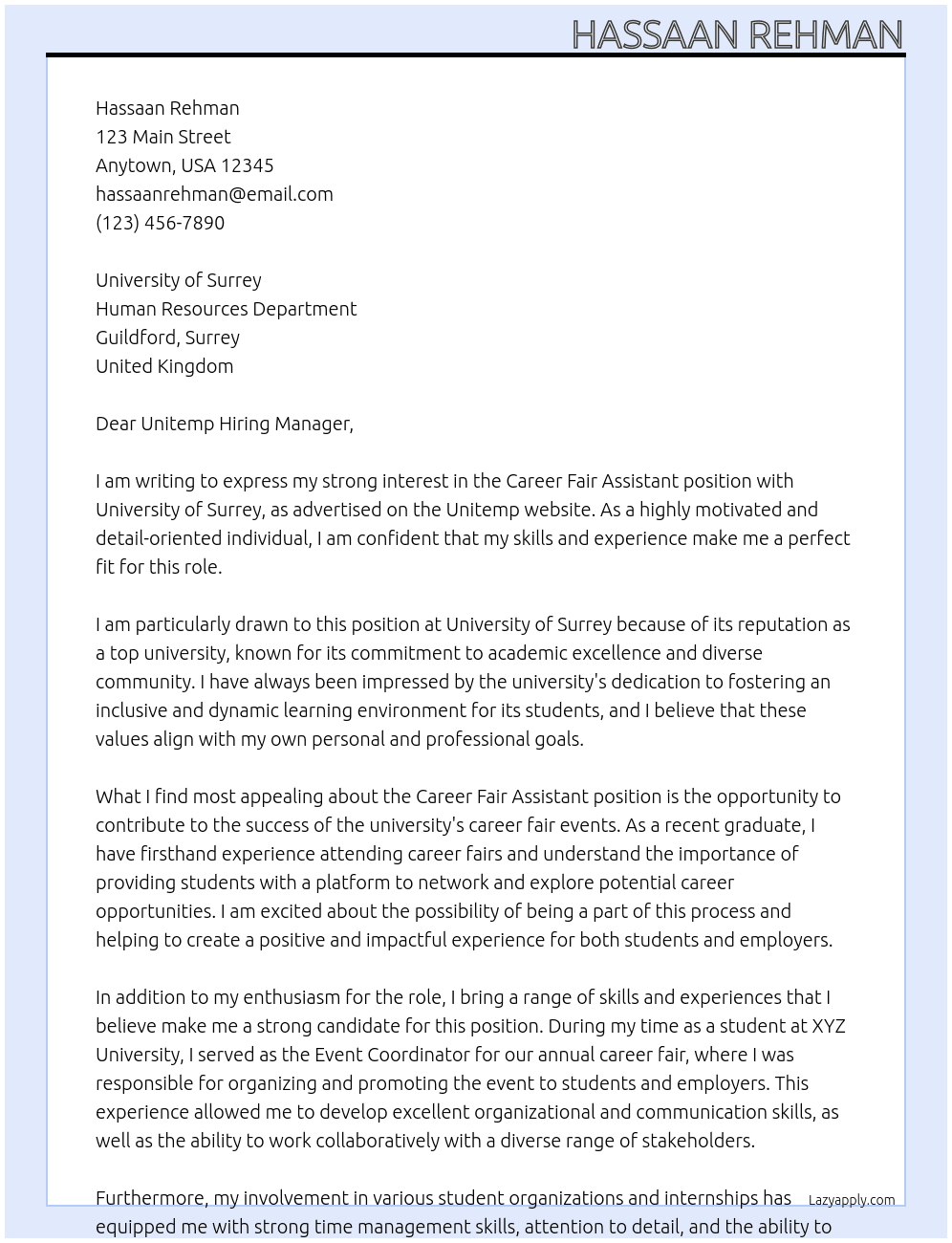 Career Fair Assistant At University of Surrey Cover Letter