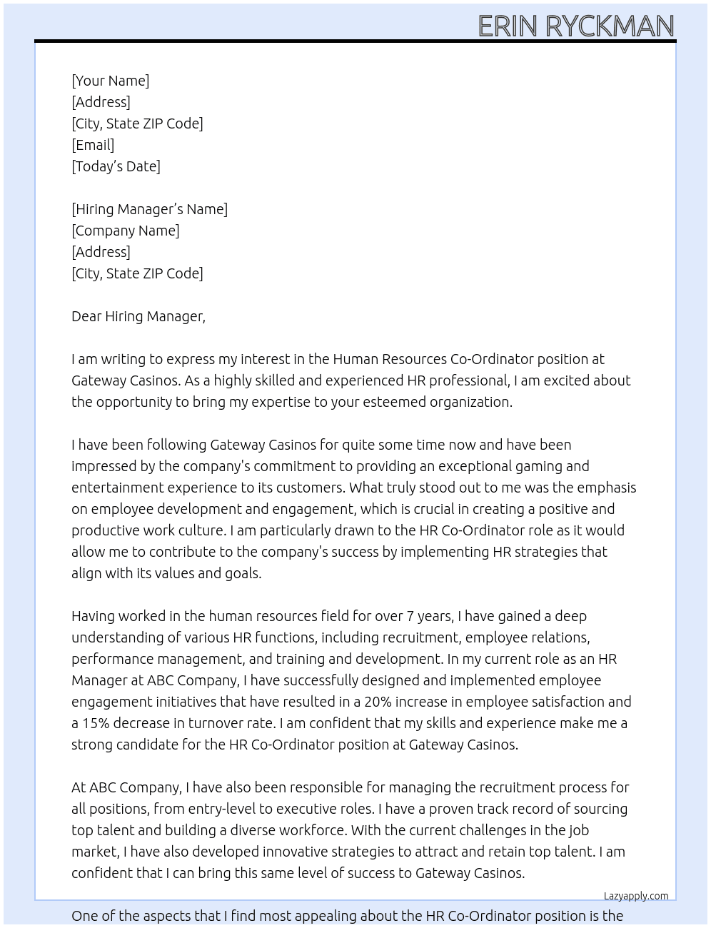 Human Resources Co-Ordinator At Gateway Casinos Cover Letter