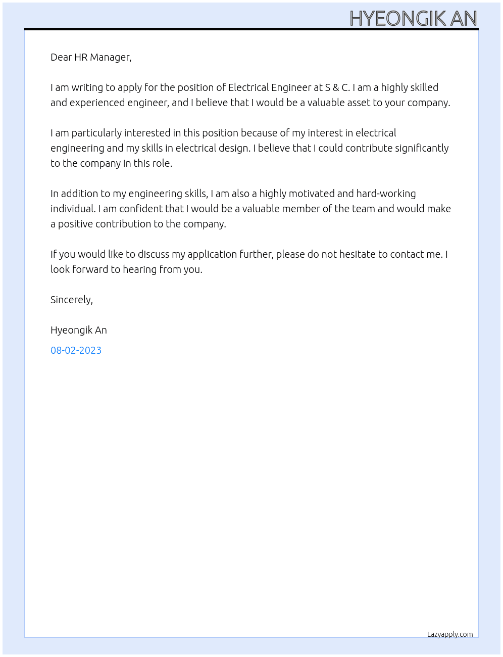 Electrical Engineer At S & C Cover Letter