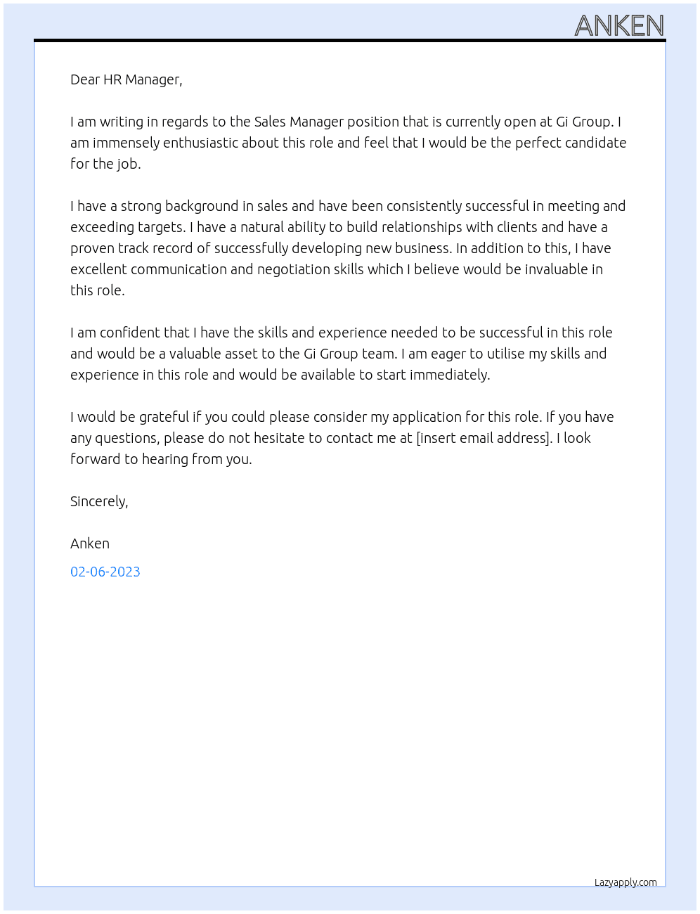 Sales Manager At Gi Group Cover Letter