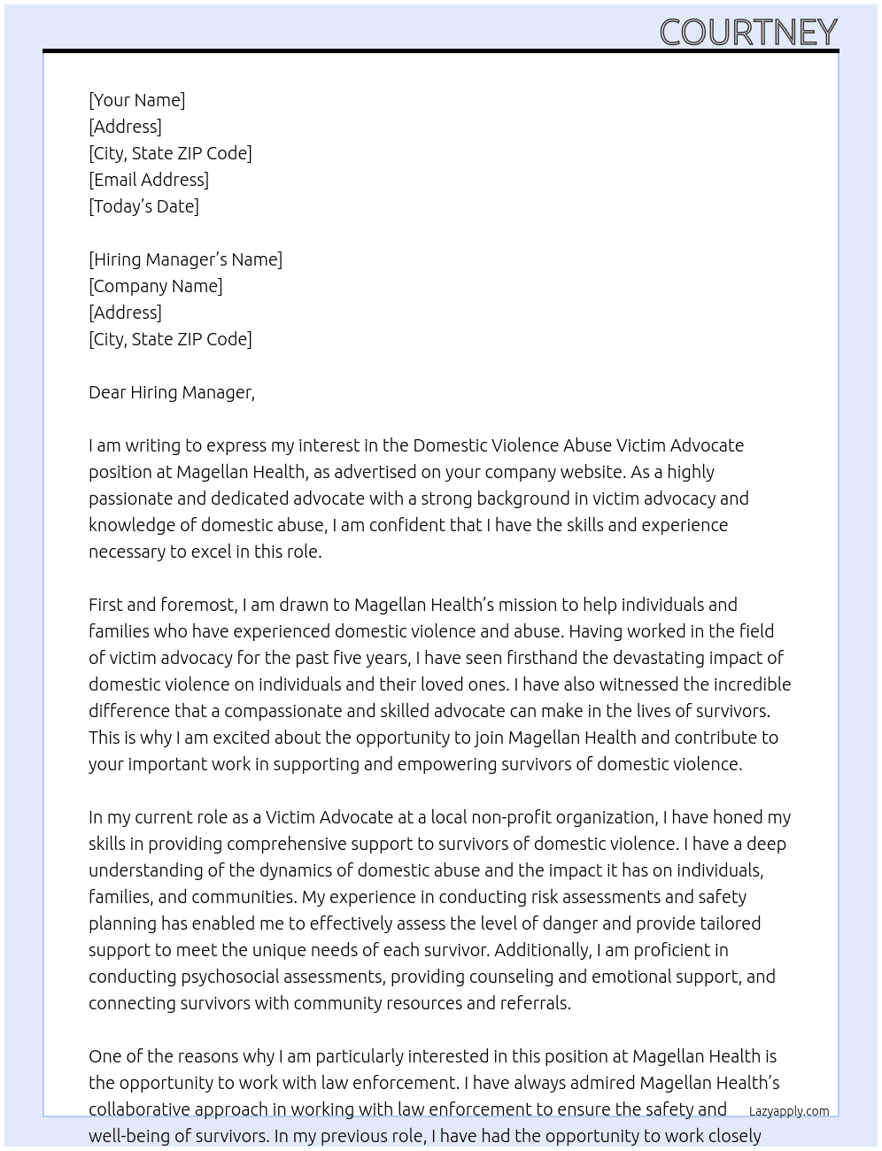 Cover letter for domestic violence abuse victim advocate - LazyApply