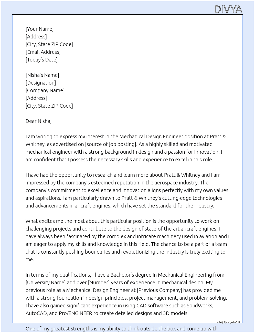 Mechanical Design Engineer At Pratt & Whitney Cover Letter