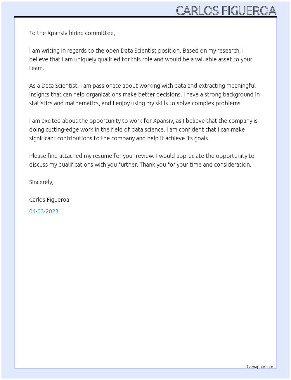 Data Scientist At Xpansiv Cover Letter