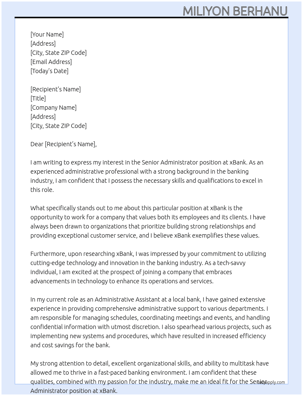 Senior Administrator At xBank Cover Letter
