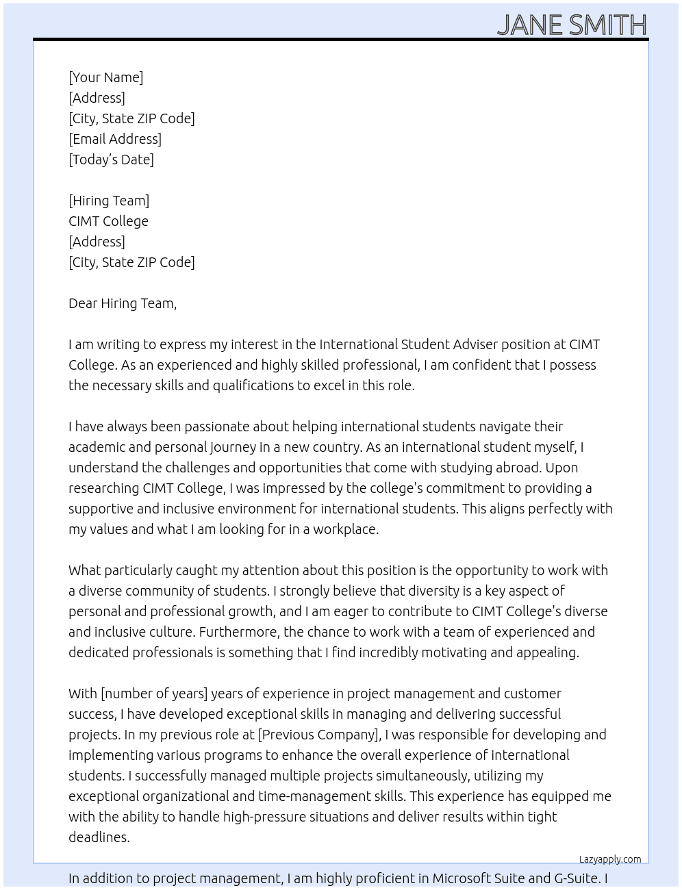 International student adviser At CIMT College Cover Letter
