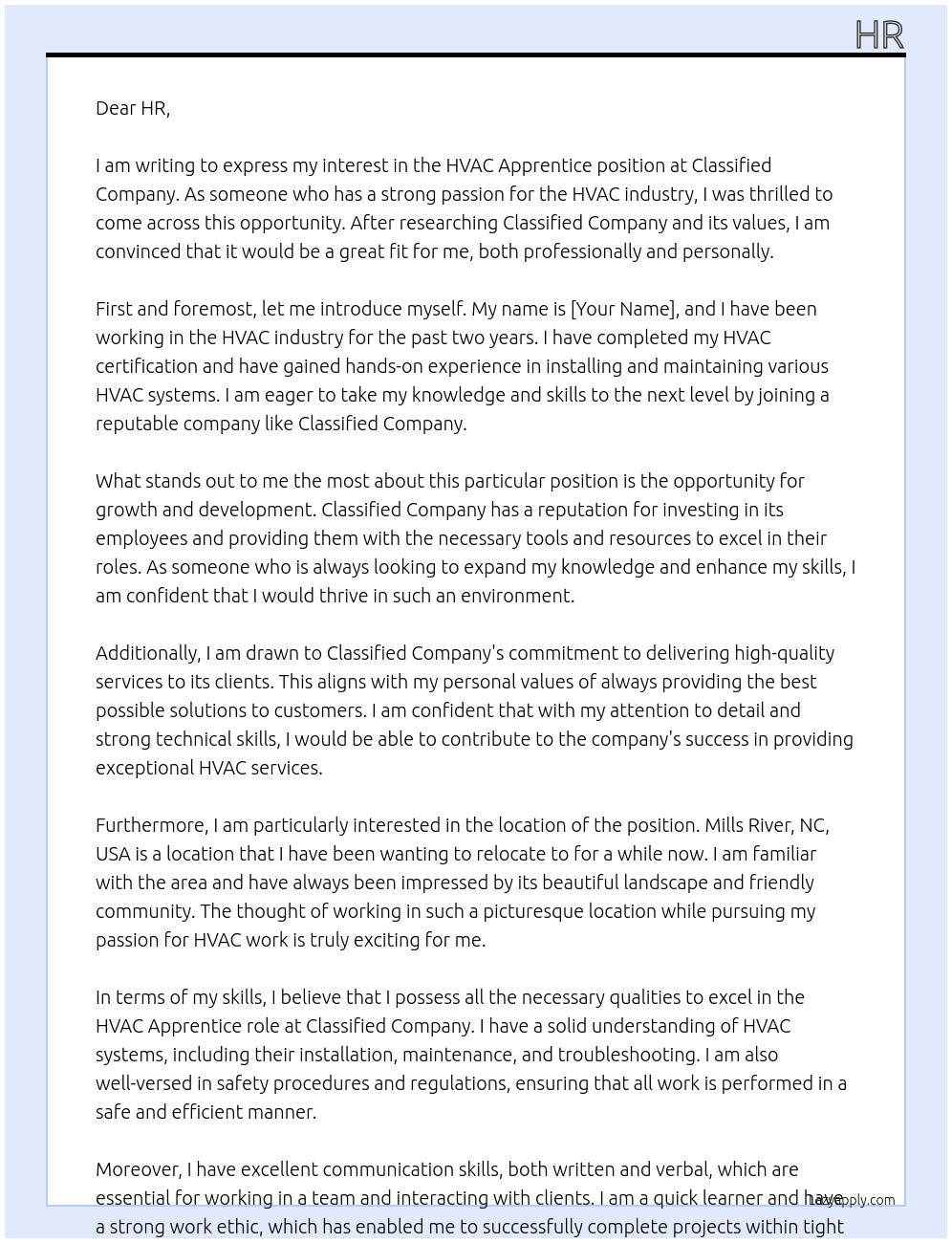 HVAC Apprentice  At Classified Company Cover Letter