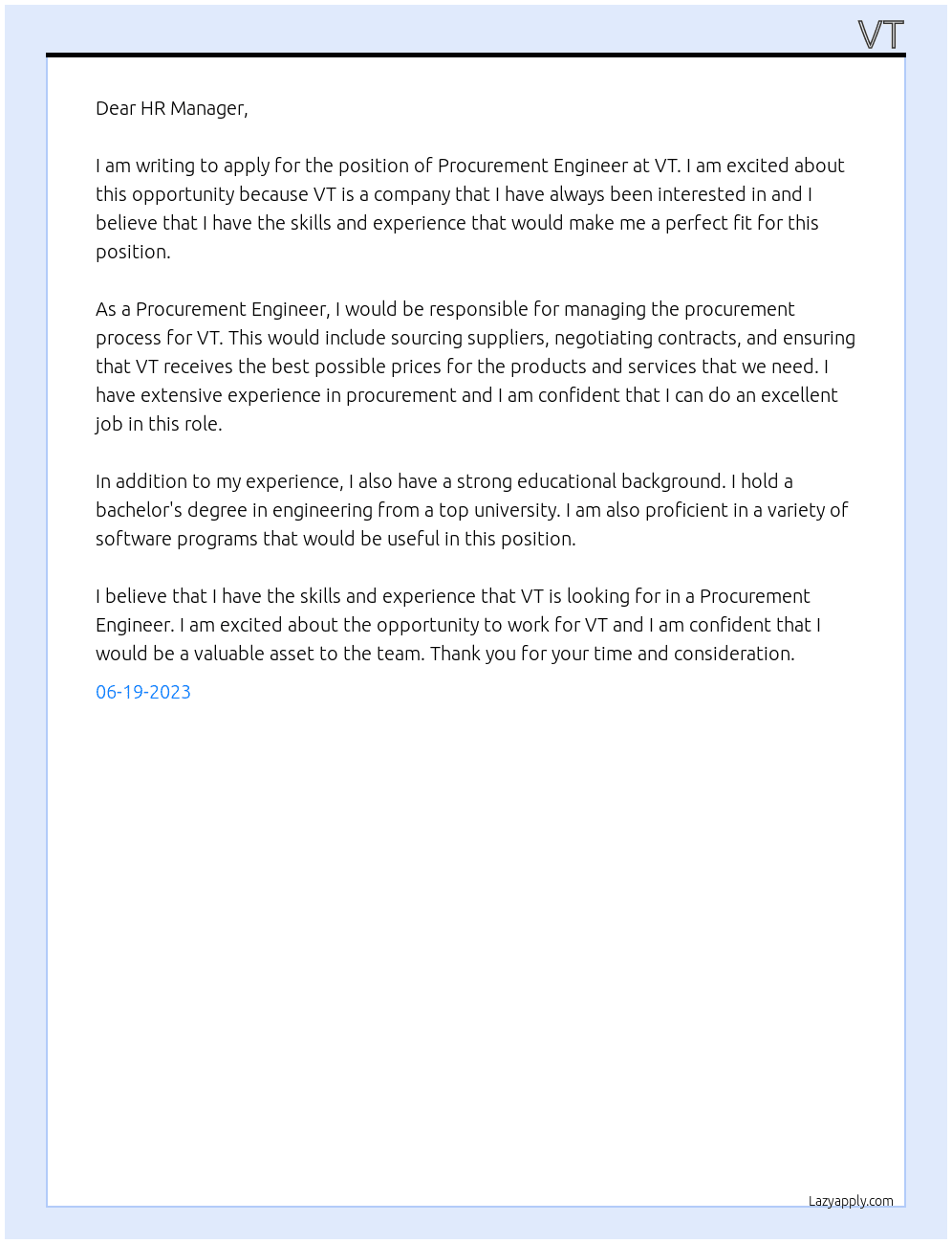 Procurement Engineer At VT Cover Letter
