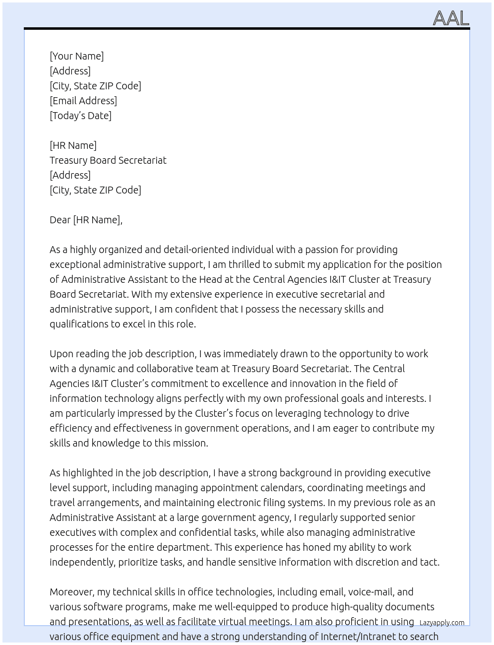 Administrative Assistant to the Head At Treasury Board Secretariat Cover Letter