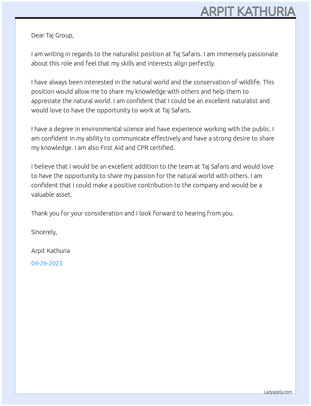 naturalist At Taj Group Cover Letter