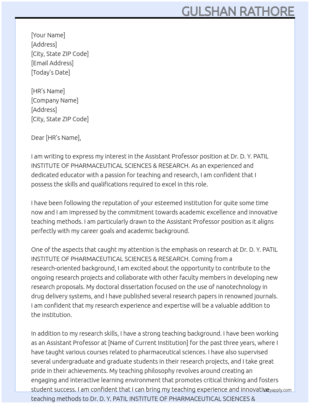 Assistant Professor At Dr. D. Y. PATIL INSTITUTE OF PHARMACEUTICAL SCIENCES &RESEARCH  Cover Letter