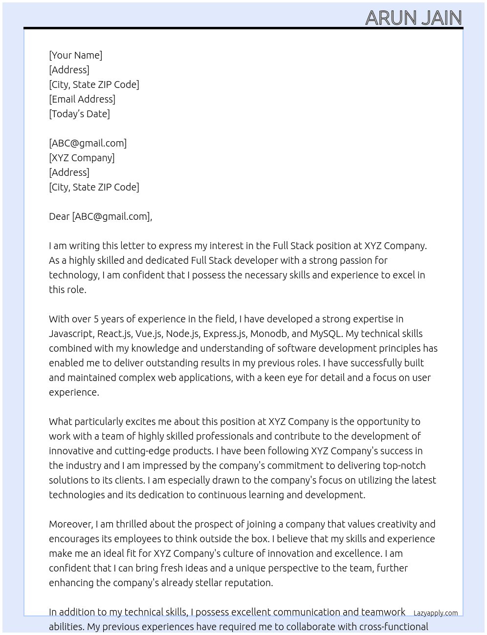 Full Stack At XYZ Cover Letter