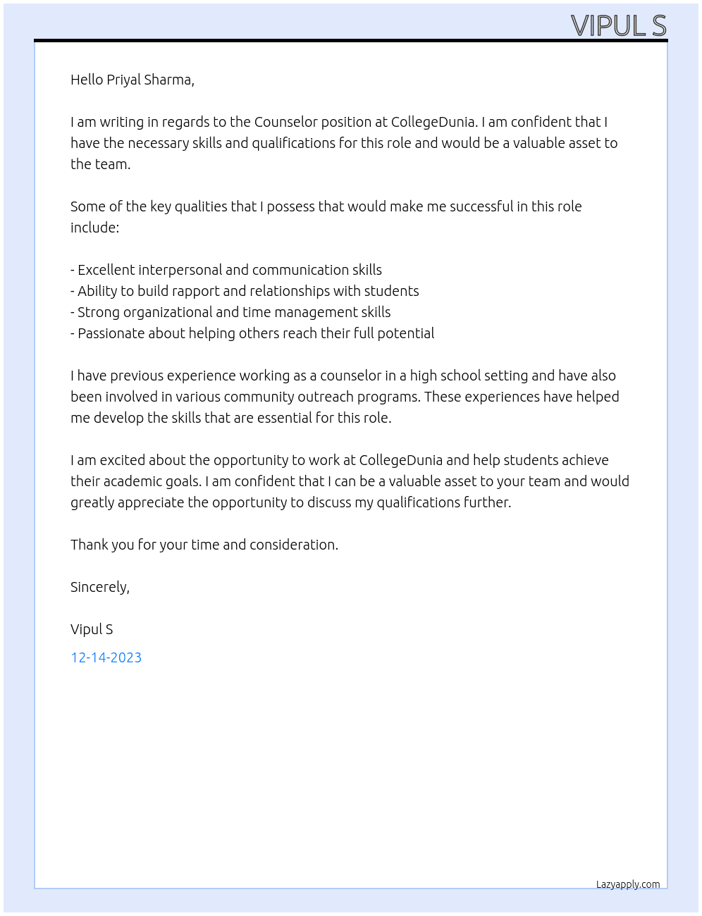Counselor  At CollegeDunia Cover Letter