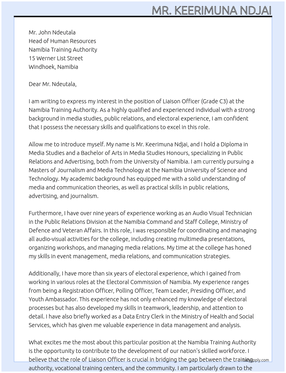 Liaison Officer (Grade C3) At Namibia Training Authority Cover Letter