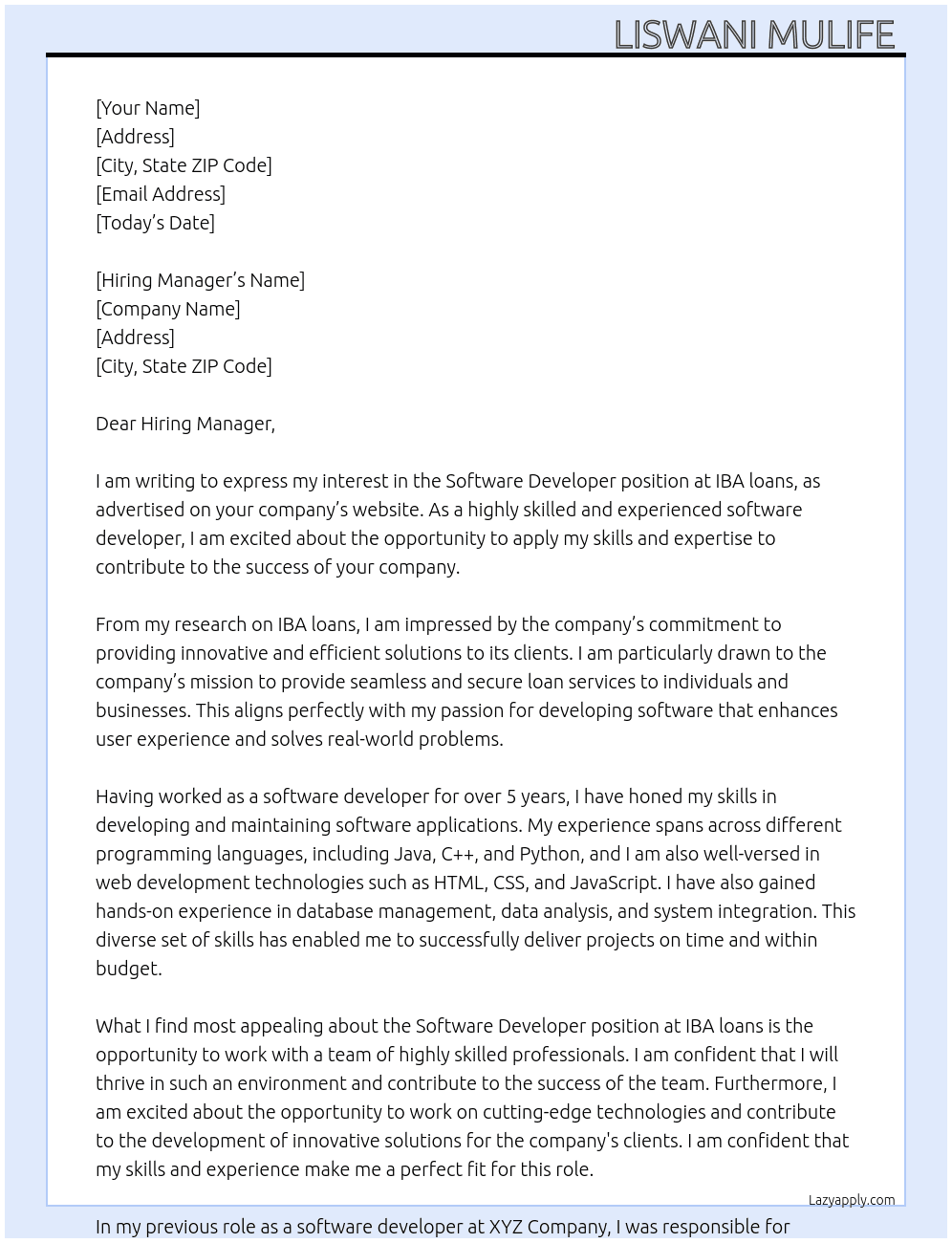 Software developer  At IBA loans Cover Letter