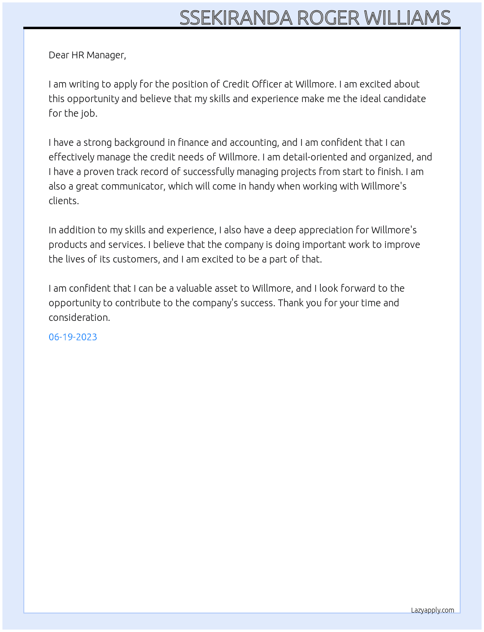 credit officer At willmore Cover Letter