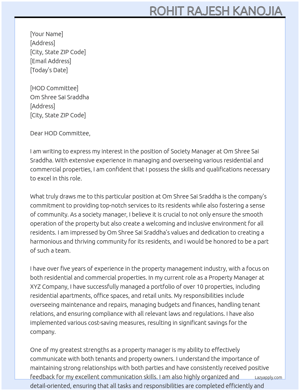 Society Manager  At Om Shree Sai Sraddha  Cover Letter