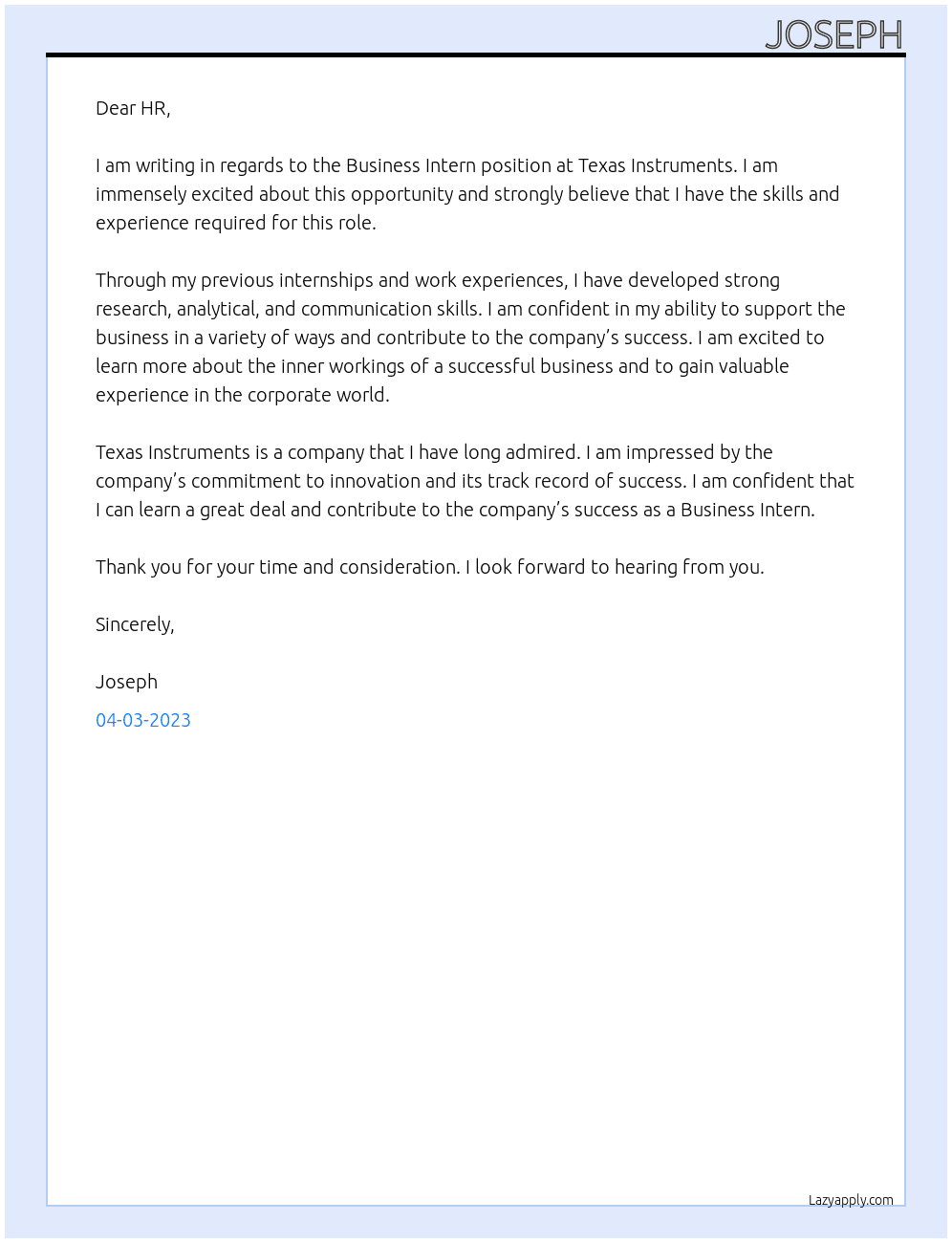 Business Intern At Texas Instrument  Cover Letter
