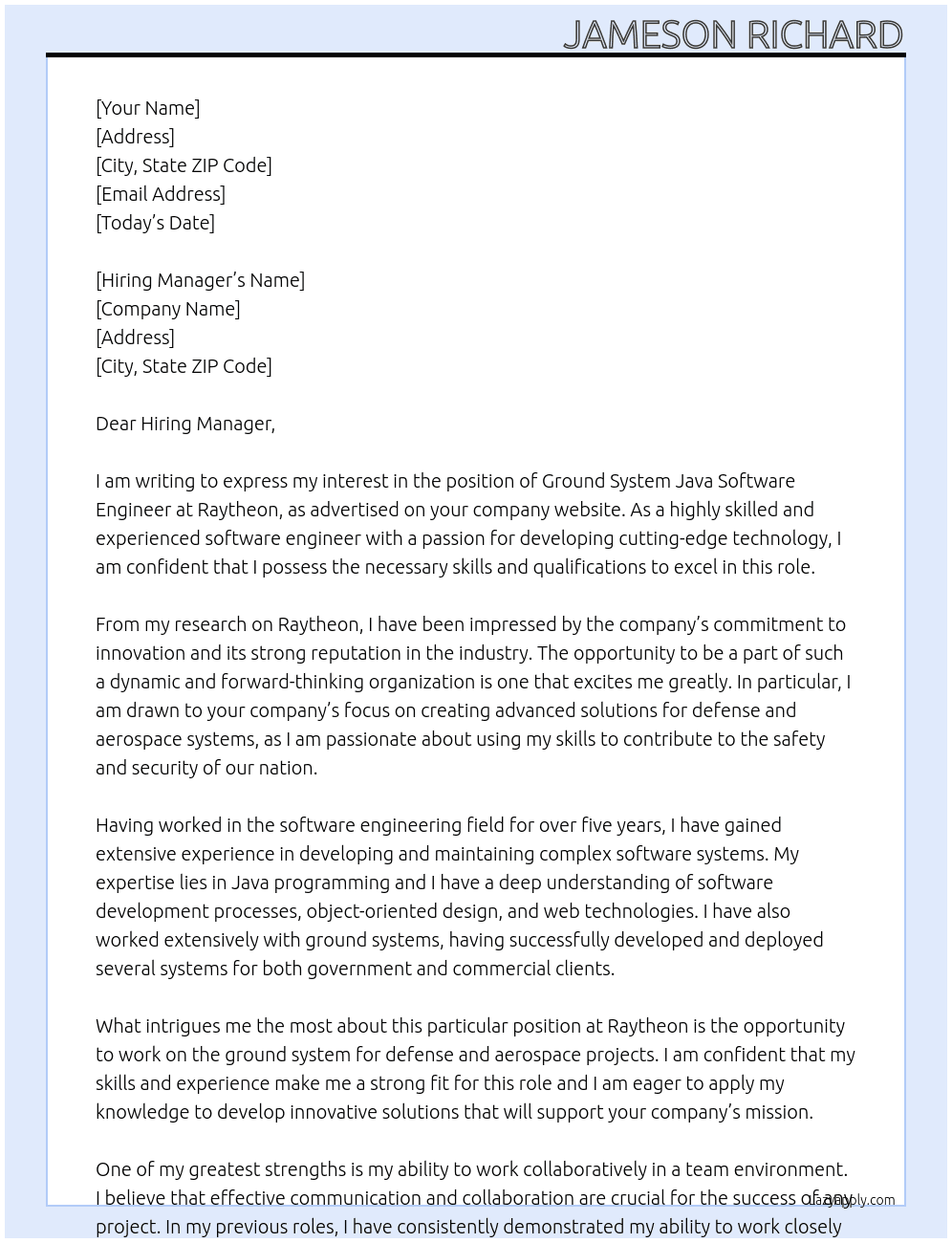 Ground System Java Software Engineer At Raytheon Cover Letter