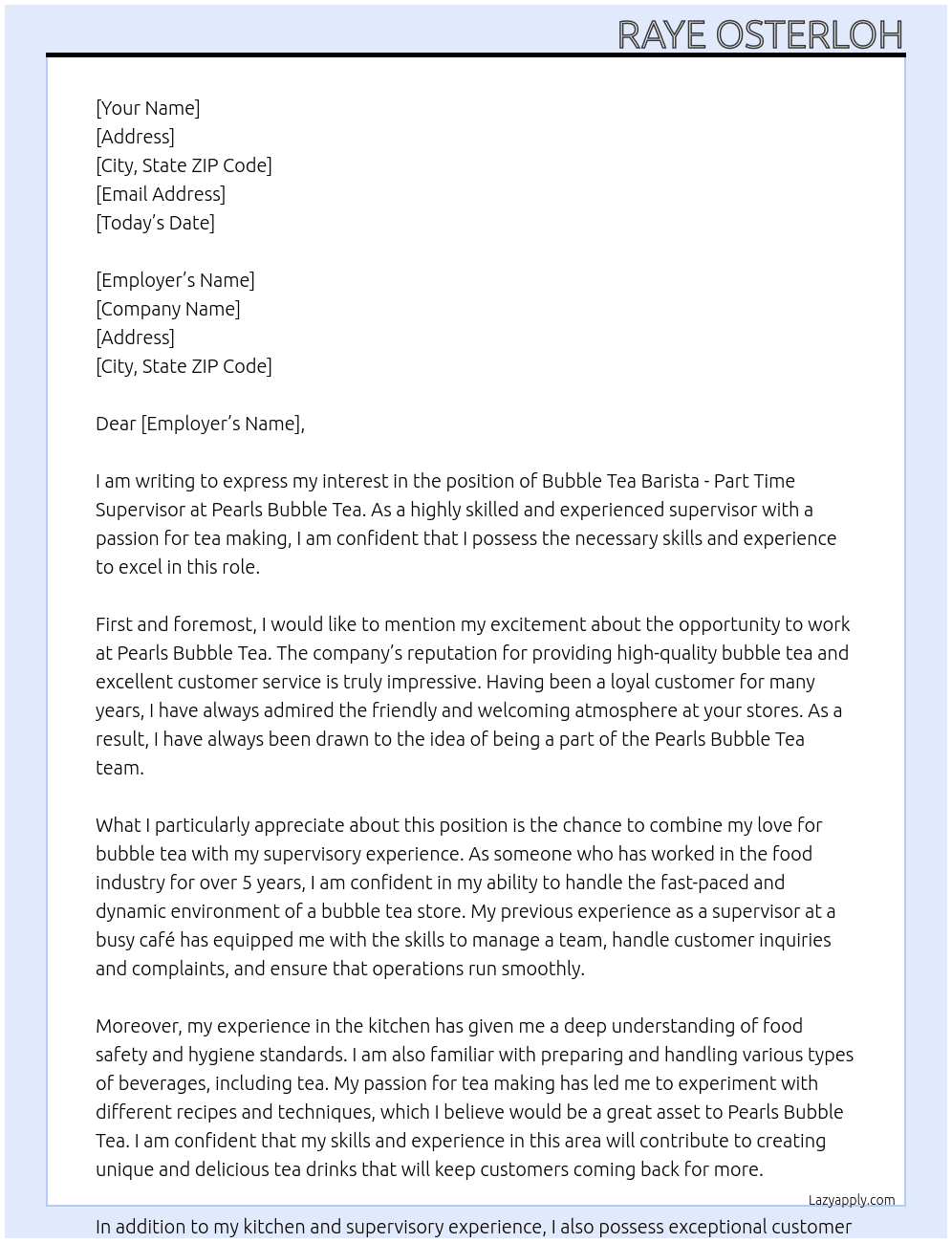 Bubble Tea Barista - Part Time Supervisor  At Pearls Bubble Tea Cover Letter
