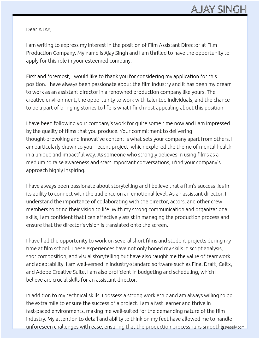 Film assistant director  At Film production company  Cover Letter