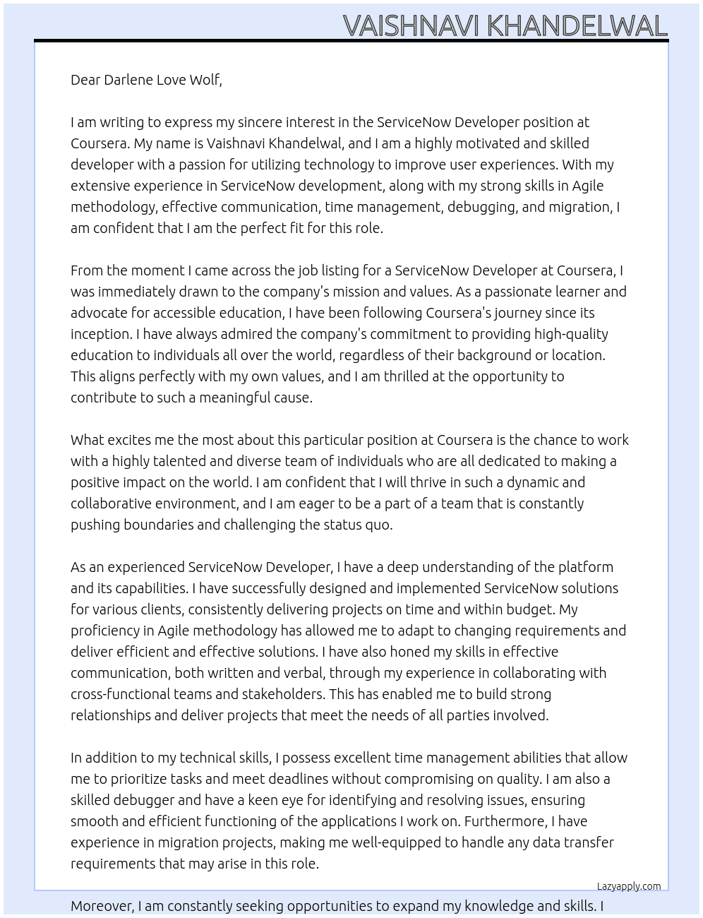 ServiceNow Developer At Coursera Cover Letter