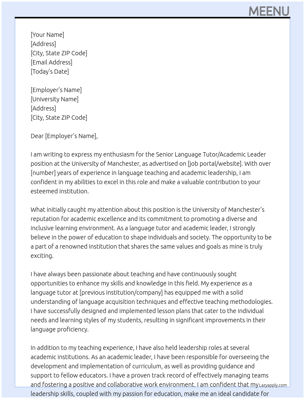Senior Language Tutor / Academic Leader At University of manchester Cover Letter