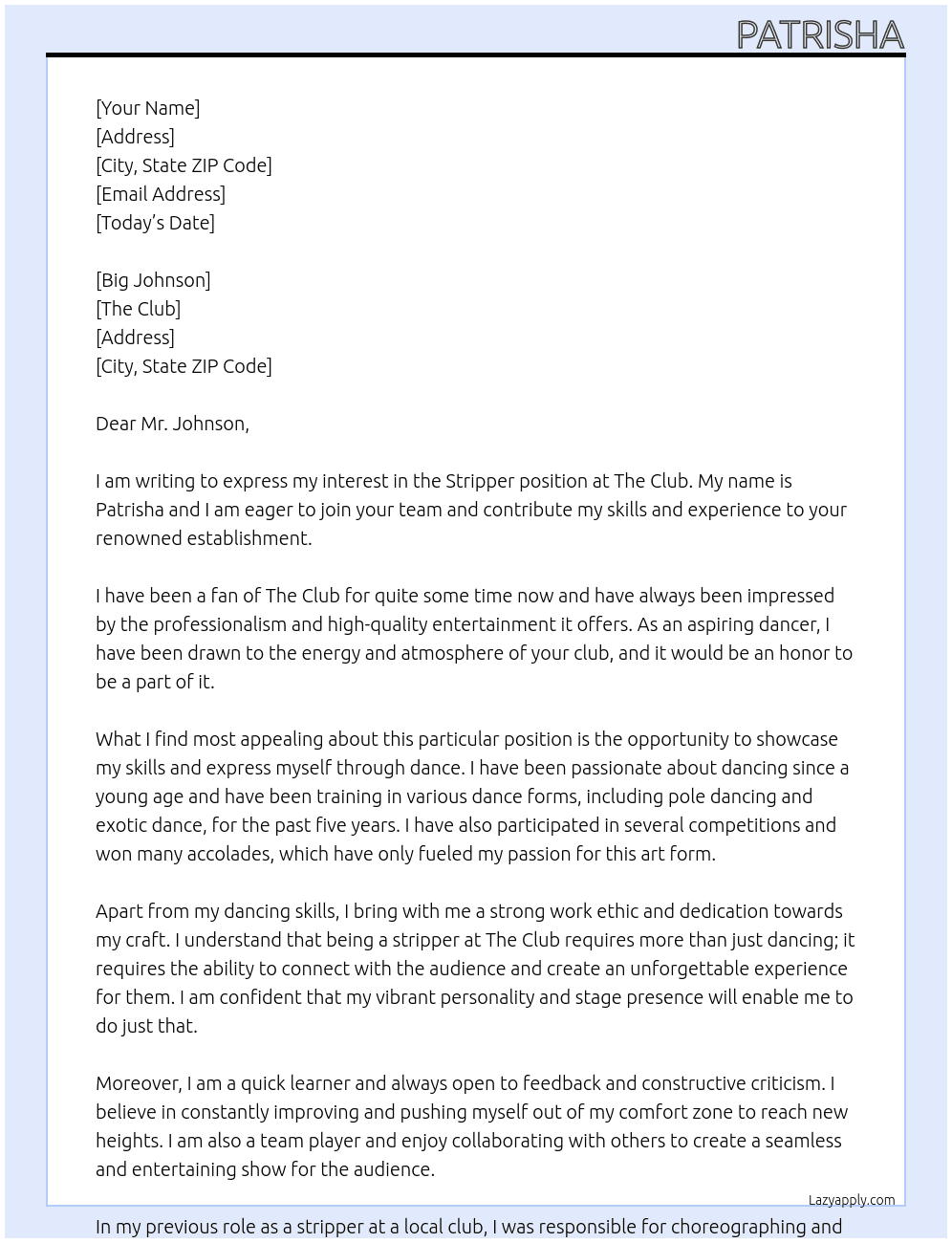 Stripper At The Club Cover Letter