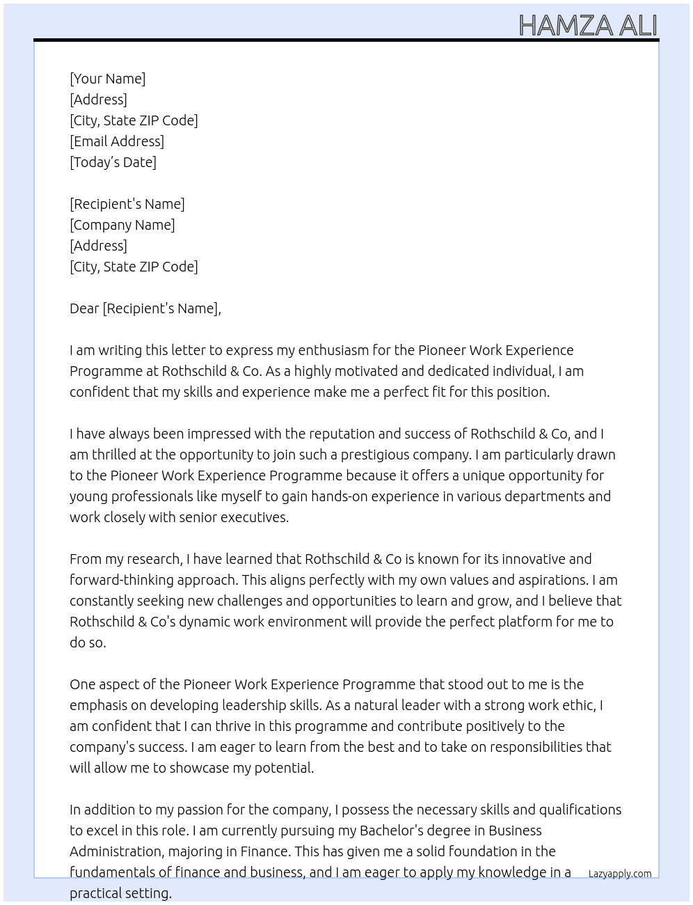 Cover letter for pioneer work experience programme - LazyApply