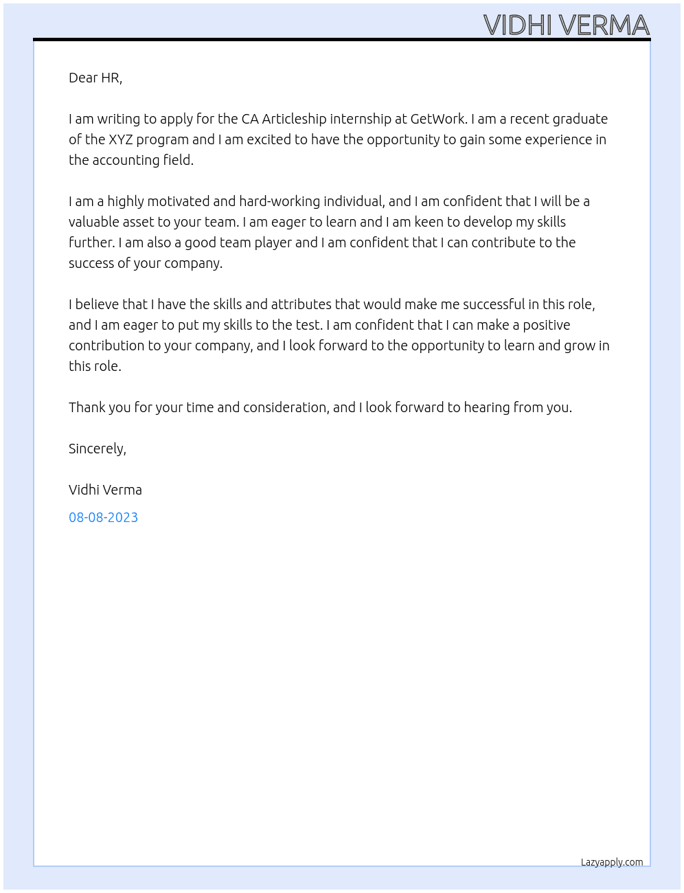 CA Articleship internship At GetWork Cover Letter