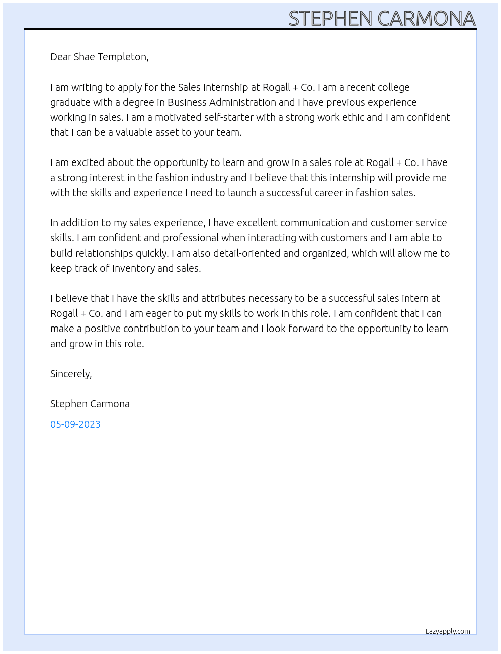 Sales internship At Rogall + Co Cover Letter