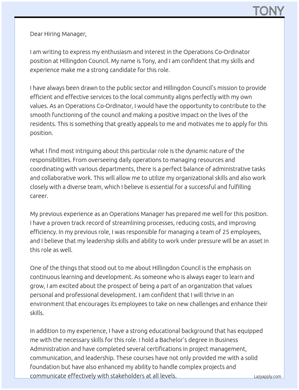 Operations Co-Ordinator At Hillingdon Council Cover Letter