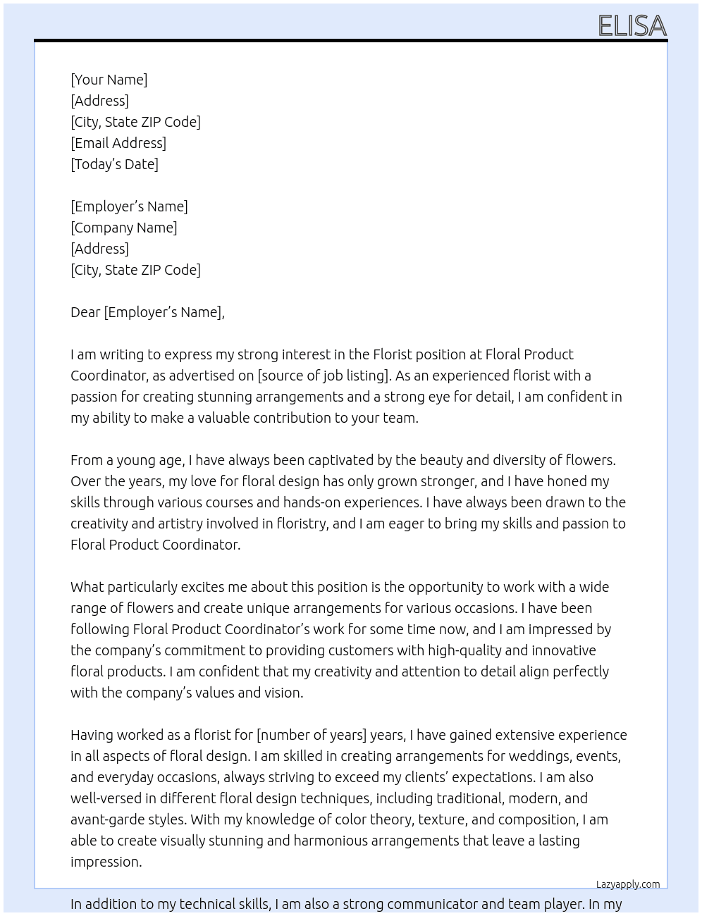 florist At floral product coordinator Cover Letter