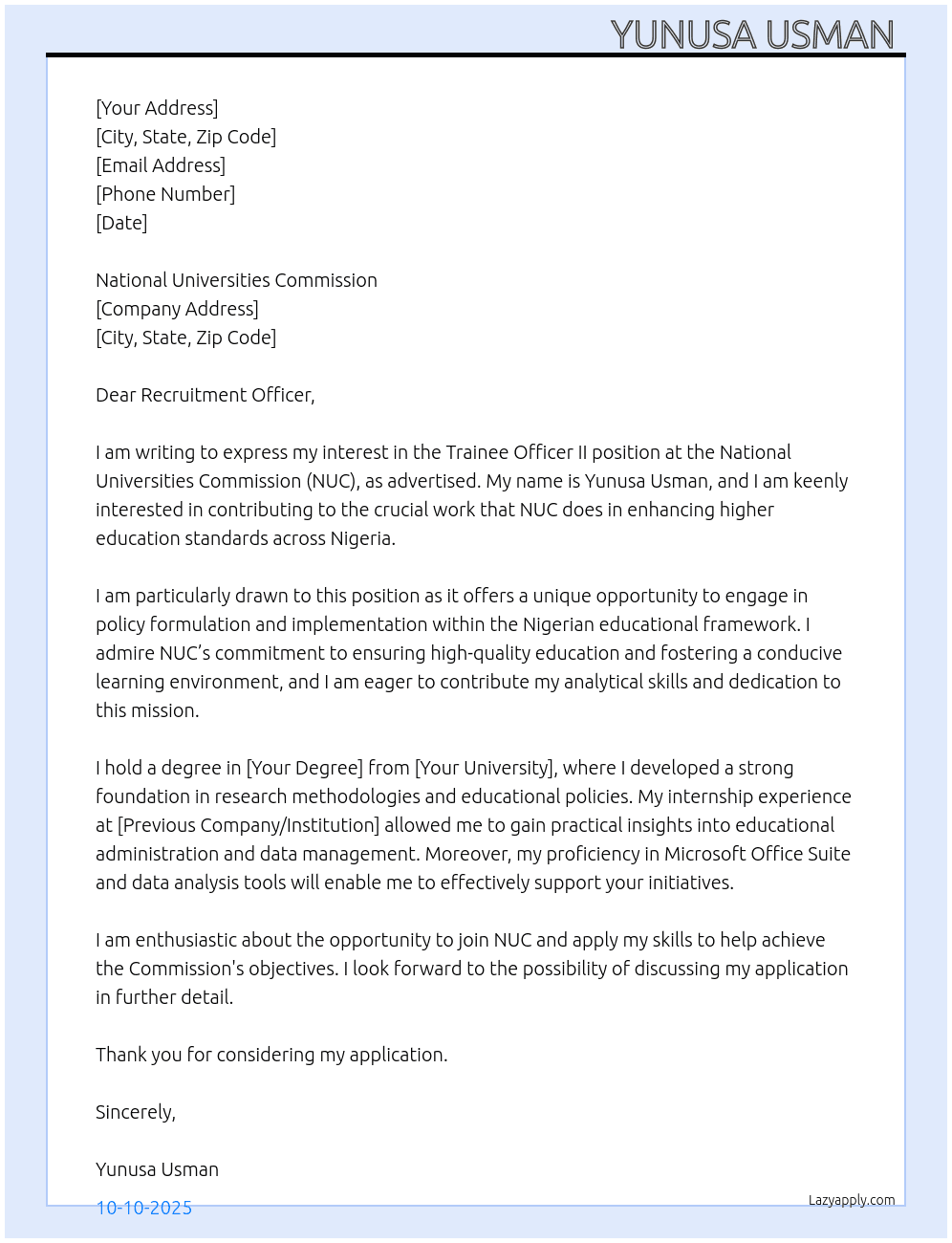Trainee officer ii At NUC Cover Letter