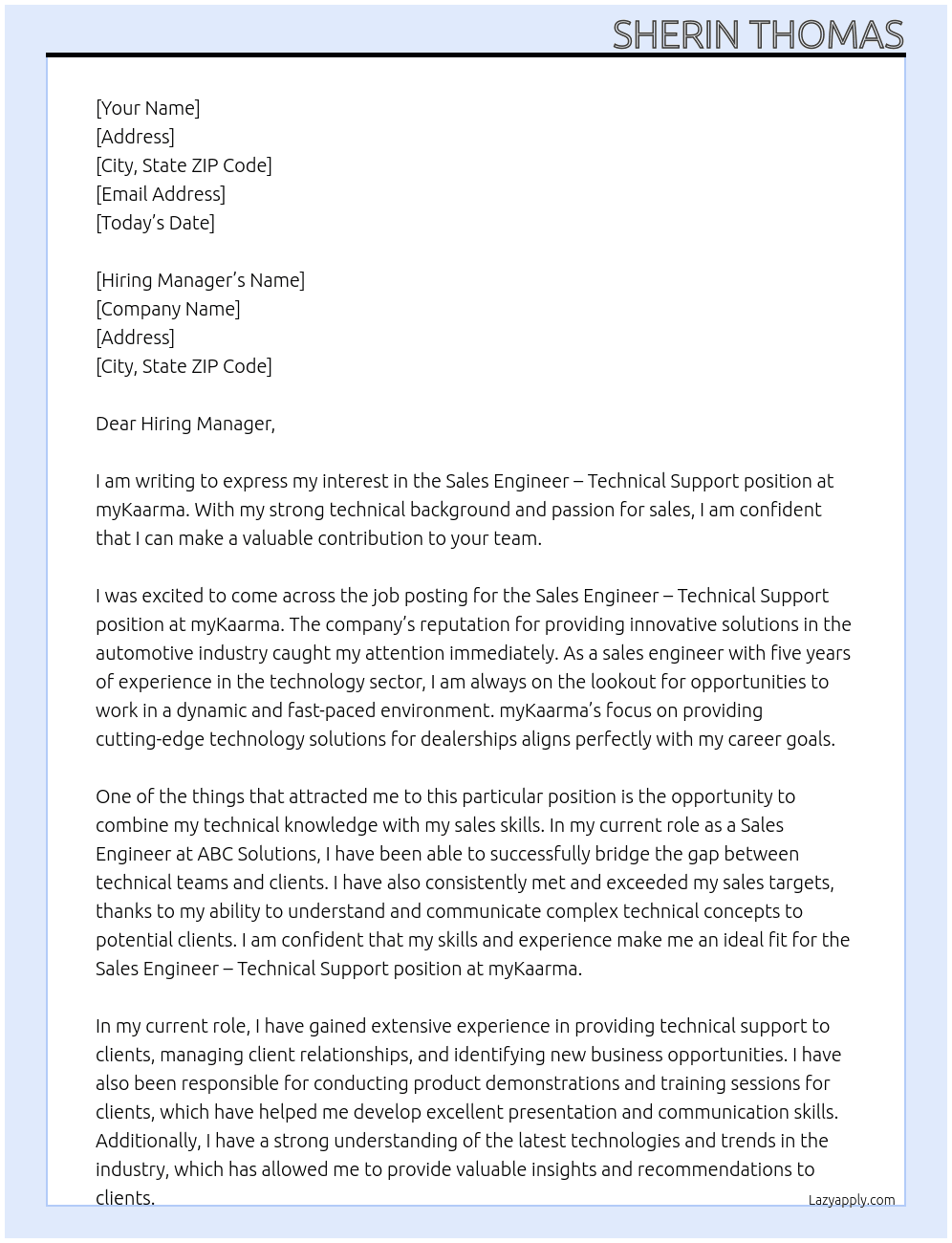 Sales Engineer- Technical Support  At myKaarma Cover Letter