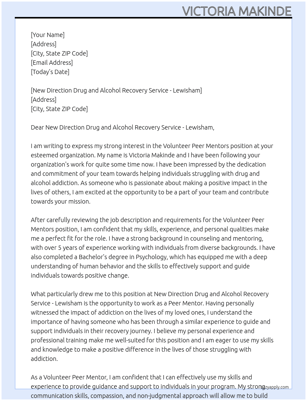 Volunteer Peer mentors At New Direction Drug and Alcohol Recovery Service - Lewisham Cover Letter