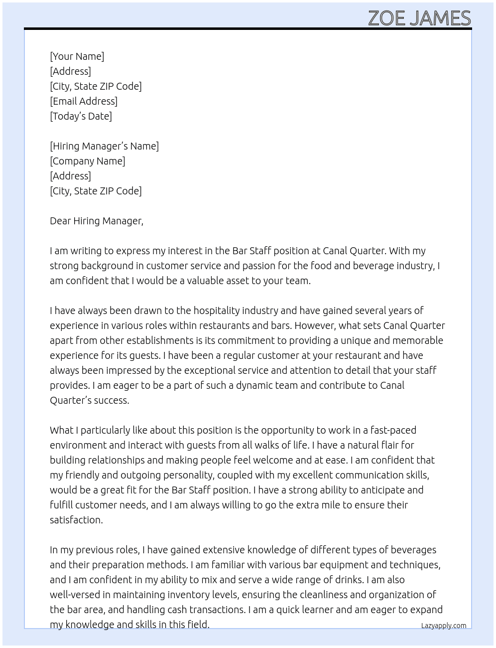 Bar Staff At Canal Quarter Cover Letter